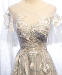 Gray Tulle Lace Long Evening Prom Dress, Gray Tulle Lace Evening Prom Dress, 5