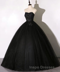 Black Sweetheart Neck Tulle Long Evening Prom Dress, Black Evening Prom Dress