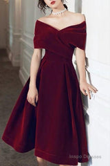 Beautiful Wine Red Velvet Tea Length Party Dress, Bridesmaid Dress