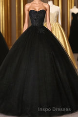 Black Sweetheart Neck Tulle Long Evening Prom Dress, Black Evening Prom Dress