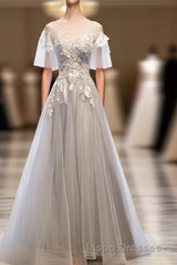 Gray Tulle Lace Long Evening Prom Dress, Gray Tulle Lace Evening Prom Dress, 5