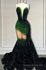 V-Neck Sequins Evening Prom Dress Mermaid Sleeveless Crystal.