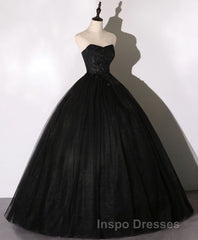 Black Sweetheart Neck Tulle Long Evening Prom Dress, Black Evening Prom Dress
