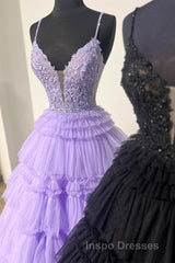 Black Layers Plunging V A-line Floral Long Evening Prom Dress