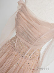 Champagne Pink Tulle Beads Long Evening Prom Dress, Champagne Evening Prom Dress