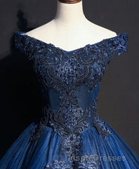 Blue Tulle Lace Off Shoulder Long Evening Prom Dress, Blue Tulle Lace Evening Prom Dress