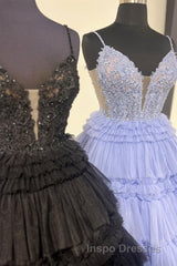Black Layers Plunging V A-line Floral Long Evening Prom Dress
