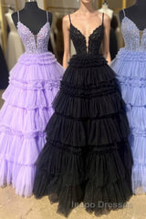 Black Layers Plunging V A-line Floral Long Evening Prom Dress