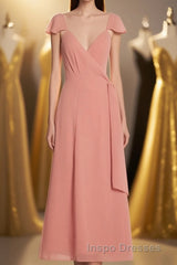Peach Cap Sleeve Tie-Side Short Formal Dress