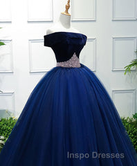 Dark Blue Tulle Off Shoulder Long Evening Prom Dress, Blue Sweet 16 Dress