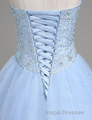 Light Blue Ball Gown Floor Length Sweetheart Strapless Sleevless Beading Evening Prom Dress