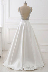 A Line Brush Train Deep V Neck Sleeveless Beading Evening Prom Dress