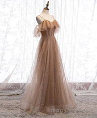 Champagne Tulle Sequin Long Evening Prom Dress, Champagne Evening Prom Dress