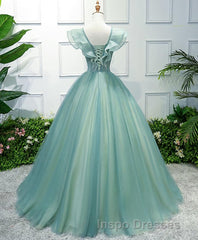 Green V Neck Tulle Long Evening Prom Dress, Green Evening Prom Dress