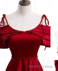 Burgundy Satin Beads Long Evening Prom Dress, Burgundy Evening Prom Dress