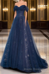 A-Line Off Shoulder Tulle Lace Dark Blue Long Evening Prom Dress, Dark Blue Long Evening Prom Dress