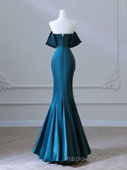 Simple Off Shoulder Satin Ink Blue Long Evening Prom Dress, Ink Blue Long Formal Dress
