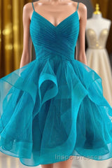 Flounced Blue Homecoming Dress with Side Draping