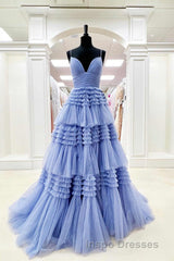 Elegant Light Blue Side Slit Tulle Long Evening Prom Dress
