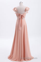 Peach Ruffles A-lline Chiffon Long Bridesmaid Dress with Tie Back