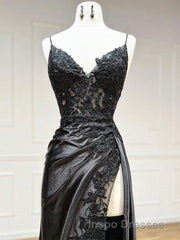 Dark Blue V Neck Satin Lace Long Evening Prom Dress, Dark Blue Lace Long Evening Prom Dress