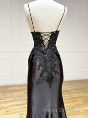 Dark Blue V Neck Satin Lace Long Evening Prom Dress, Dark Blue Lace Long Evening Prom Dress