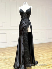Dark Blue V Neck Satin Lace Long Evening Prom Dress, Dark Blue Lace Long Evening Prom Dress