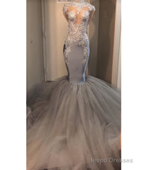 2025 Silver Long Sleeve Mermaid/Trumpet Lace and Tulle Prom Dresses