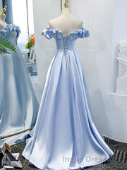 Blue A Line Off Shoulder Long Evening Prom Dress, Blue Evening Prom Dress