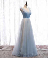 Simple Blue V Neck Tulle Long Evening Prom Dress, Blue Formal Dress