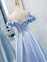 Blue A Line Off Shoulder Long Evening Prom Dress, Blue Evening Prom Dress