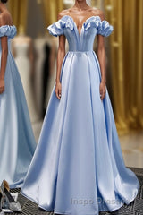 Blue A Line Off Shoulder Long Evening Prom Dress, Blue Evening Prom Dress