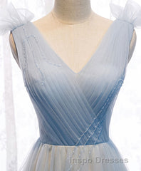 Simple Blue V Neck Tulle Long Evening Prom Dress, Blue Formal Dress