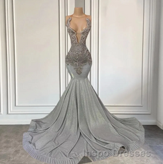 Silver Halter Mermaid Evening Prom Dress with Beadings