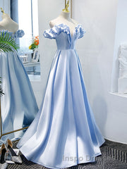 Blue A Line Off Shoulder Long Evening Prom Dress, Blue Evening Prom Dress