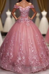 Pink Tulle Lace Off Shoulder Long Evening Prom Dress, Pink Tulle Evening Dress, 1