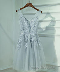 Gray A Line Lace Tulle Short Evening Prom Dress, Homecoming Dress