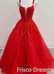 Red Tulle Lace A Line Formal Evening Prom Dress Appliques Long Evening Prom Dress