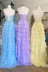 Lavender Illusion Halter Flower Appliques Multi-Layers Long Evening Prom Dress