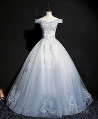 Blue Tulle Lace Off Shoulder Long Evening Prom Dress, Blue Tulle Lace Evening Prom Dress