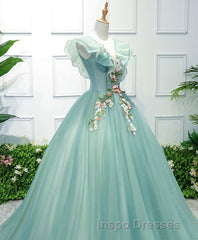 Green V Neck Tulle Long Evening Prom Dress, Green Evening Prom Dress