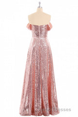 Rose Gold Sequin Off-the-Shoulder A-Line Long Bridesmaid Dress