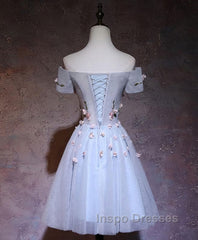 Cute Gray Blue Tulle Short Evening Prom Dress, Gray Homecoming Dress