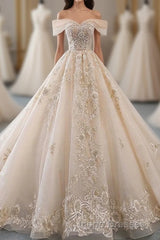 Champagne Off Shoulder Tulle Lace Long Wedding Dress, Wedding Gown