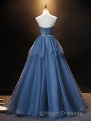 Blue Sweetheart Neck Tulle Long Evening Prom Dress, Blue Evening Prom Dress