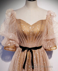 Champagne Sweetheart Tulle Long Evening Prom Dress, Tulle Formal Dress