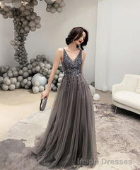 Gray V Neck Tulle Beads Long Prom Dress Gray Tulle Evening Dress