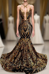 Long Sleeveless Mermaid Evening Prom Dress with Gold Sequins