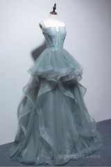 Gray Spaghetti Straps Tulle Princess Formal Evening Prom Party Dress Long Formal Evening Prom Dress