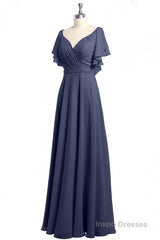 Navy Blue V-Neck Backless Ruffled A-Line Long Dress